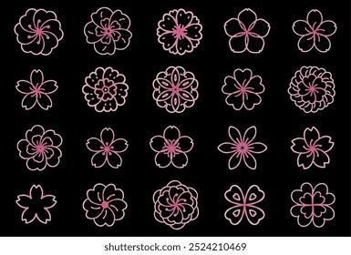 Simple floral motif pattern illustration set (Pink Gradient, Black background)