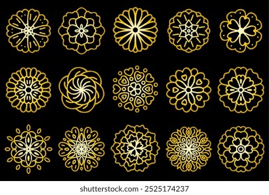 Conjunto de ilustración de patrón de motivo floral simple (oro, fondo negro)