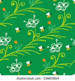 Simple floral ornamented seamless pattern with stylized flowers and bees. Texture background for web, print, home decor, textile, wrapping paper, wallpaper, summer fashion, children room decor.