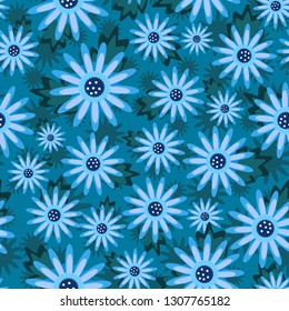 Simple floral pattern with abstract blue daisies on blue background. For textiles, background, Wallpaper, packaging paper.