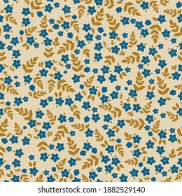 Einfaches Blumenmuster abstrakter Blumen. Kleine dunkelblaue Blumen. Beiger Hintergrund. Vektorstruktur. Modedruck für Tapeten und Textilien.