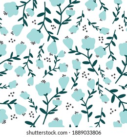 Simple floral pattern. Blue flower buds. White background. Vector texture. Fashionable print for wallpaper and textiles.