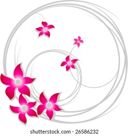 Simple floral pattern consists of red flowers and grey scroll elements (vector)