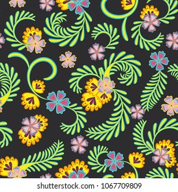 A simple floral pattern, convenient for editing and repainting. Graceful floral yellow green pattern on a gray background. Vector.