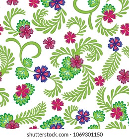 A simple floral pattern, convenient for editing and repainting. Graceful green pink floral pattern on a white background. Vector. - Shutterstock ID 1069301150