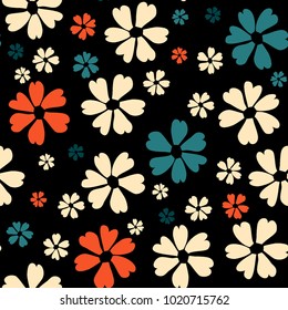 Simple Floral Pattern. Cute Flowers for Seamless Background, Calico, Print, Furniture Upholstery. Small Floral Rapport with Silhouettes of Primitive Flowers. Random Botanical Texture