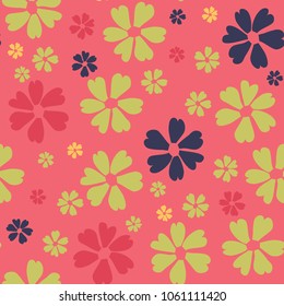 Simple Floral Pattern. Cute Flowers for Seamless Background, Calico, Print, Furniture Upholstery. Small Floral Rapport with Silhouettes of Primitive Flowers. Random Botanical Texture