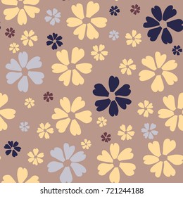 Simple Floral Pattern. Cute Flowers for Seamless Background, Calico, Print, Furniture Upholstery. Small Floral Rapport with Silhouettes of Primitive Flowers. Random Botanical Texture