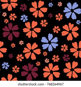 Simple Floral Pattern. Cute Flowers for Seamless Background, Calico, Print, Furniture Upholstery. Small Floral Rapport with Silhouettes of Primitive Flowers. Random Botanical Texture