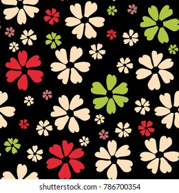 Simple Floral Pattern. Cute Flowers for Seamless Background, Calico, Print, Furniture Upholstery. Small Floral Rapport with Silhouettes of Primitive Flowers. Random Botanical Texture