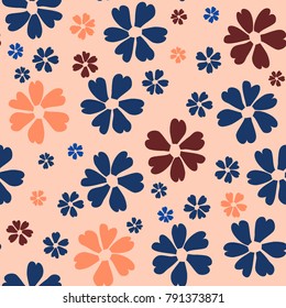 Simple Floral Pattern. Cute Flowers for Seamless Background, Calico, Print, Furniture Upholstery. Small Floral Rapport with Silhouettes of Primitive Flowers. Random Botanical Texture