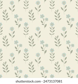 Simple floral pattern features evenly spaced, delicate  flowers in soft pastel colors on a light, neutral background. For textiles, cotton fabric, covers, wallpaper, print, postcard, scrapbooking.
