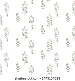 Simple floral pattern features evenly spaced, delicate  flowers in soft pastel colors on a light, neutral background. For textiles, cotton fabric, covers, wallpaper, print, postcard, scrapbooking.
