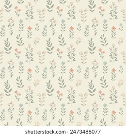 Simple floral pattern features evenly spaced, delicate flowers in soft pastel colors on a light, neutral background. For textiles, cotton fabric, covers, wallpaper, print, postcard, scrapbooking.