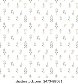 Simple floral pattern features evenly spaced, delicate flowers in soft pastel colors on a light, neutral background. For textiles, cotton fabric, covers, wallpaper, print, postcard, scrapbooking.