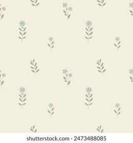 Simple floral pattern features evenly spaced, delicate flowers in soft pastel colors on a light, neutral background. For textiles, cotton fabric, covers, wallpaper, print, postcard, scrapbooking.