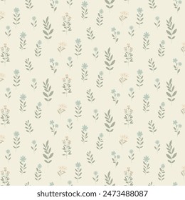 Simple floral pattern features evenly spaced, delicate flowers in soft pastel colors on a light, neutral background. For textiles, cotton fabric, covers, wallpaper, print, postcard, scrapbooking.