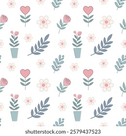 Simple floral pattern features evenly spaced, delicate flowers in soft pastel colors on a light, neutral background. For textiles, cotton fabric, covers, wallpaper, print, postcard, scrapbooking.