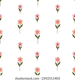 Simple floral pattern features evenly spaced, delicate flowers in soft pastel colors on a light, neutral background. For textiles, cotton fabric, covers, wallpaper, print, postcard, scrapbooking.