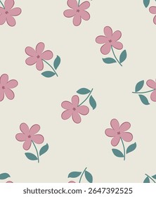 Simple floral pattern features evenly spaced, delicate flowers in soft pastel colors on a light, neutral background. For textiles, cotton fabric, covers, wallpaper, print, postcard, scrapbooking.