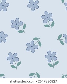 Simple floral pattern features evenly spaced, delicate flowers in soft pastel colors on a light, blue background. For textiles, cotton fabric,wallpaper, print, postcard, scrapbook .