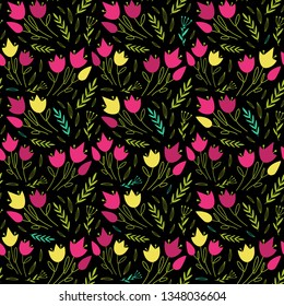 Simple floral pattern with flowers and leaves. Cute floral seamlesss on black background. Vector repeat patterns with hand drawn flowers for fashion prints