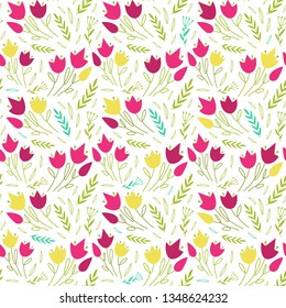Simple floral pattern with flowers and leaves. Cute floral seamlesss. Vector repeat patterns with hand drawn flowers for fashion prints