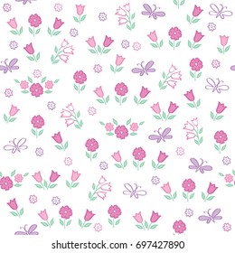 Simple floral pattern with hand drawn flowers for textile, wallpapers, gift wrap and scrapbook. Vector