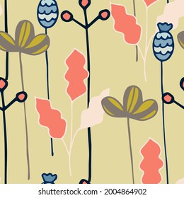 Simple floral pattern. Isolated seamless illustration with a clipping mask. Pink, yellow and blue leaves on a grey background