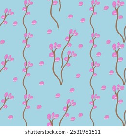 Simple Floral Pattern with Pink Blossoms and Brown Branches on Light Blue Background, Minimalist Nature-Inspired Design for Spring-Themed Decor, Fashion Textiles, and Digital Products