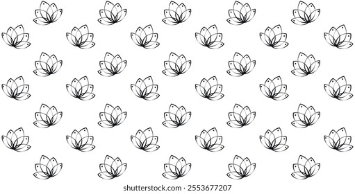 Simple Floral Pattern, Repeating Flower Pattern, Lotos, Monochrome, Black, Flat Artwork, Vector