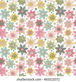 Simple floral pattern, seamless vector background. Delicate pink blue green on white background. Baby cute pattern.