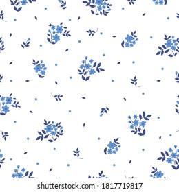 Simple floral pattern . Small blue flowers on a white background. Fun bouquet. Vector texture. Elegant print for Wallpaper.