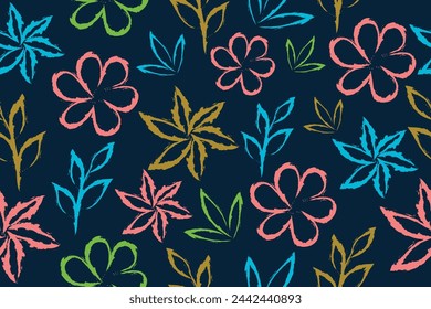 Simple floral pattern in space for text. Suitable for social media post, banner design and web ads. flower wall background. Tropical plant line arts. seamless pattern in oriental, Baroque style blue