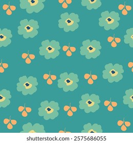 Simple floral pattern with teal flowers and yellow leaf on a turquoise background. Modern and minimalistic design.