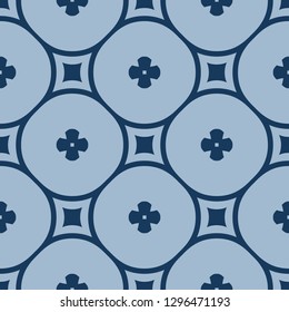 Simple floral pattern. Vector geometric seamless texture with small flowers, circles, squares, rounded grid. Abstract repeated background in light blue and navy color. Design for decor, textile, cloth