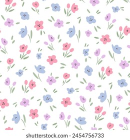 Simple floral pattern. Vector seamless texture with pink and blue flowers on white background