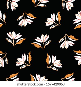 Simple floral pattern. Vintage simple flower seamless pattern on black background. 