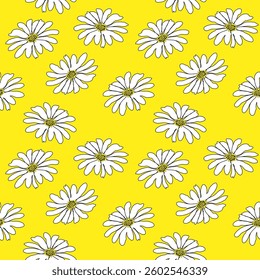 Simple floral pattern with white daisies on yellow background. Summer collection. Botanical seamless print. Vintage style. For textile, wallpaper, wrapping-paper, greeting card. Vector illustration.