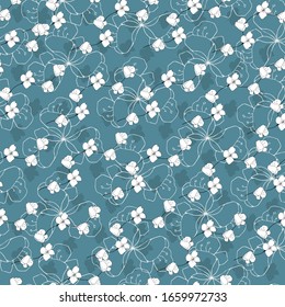 Simple floral pattern with white flowers on a blue background. Drawn floral vector ornament for decorating fabric, tile and paper and wallpaper on the wall.