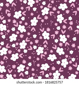 Simple floral pattern. White flowers on a maroon background. Vector texture. Elegant print for Wallpaper.