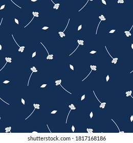 Sencillo patrón floral. Flores blancas en un fondo azul oscuro. Textura vectorial. Imagen elegante para Wallpaper.