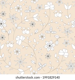Simple floral pattern of white flowers on a beige background. Stylized vector print, folk Slavic ornament.