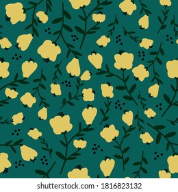 Simple floral pattern. Yellow flowers on a dark green background. Vector texture. Elegant print for Wallpaper.