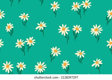 Simple floral print with chamomile flowers. Seamless pattern with cute little flowers, leaves on a blue field. Modern floral background with hand drawn flowers. Vector illustration.