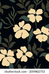 Simple floral print with large white flowers and various leaves. Seamless floral pattern on a dark background. Vector cover in retro style.