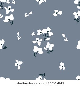 Simple floral print on grey background. Seamless floral print. Vintage textile collection. Template for scarves, dresses, swimwear.