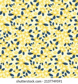 A simple floral print with small yellow flowers and leaves on a light field. Seamless pattern, liberty botanical background with tiny hand drawn flowers. Romantic surface with simple plants. Vector.