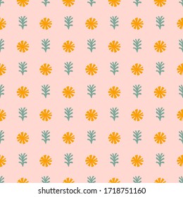 Simple floral seamless pattern. Abstract flowers and leaves in retro background. Cute minimal retro surface, fabric, textile design. Elegant scandinavian pastel backdrop for Easter.