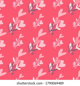 Simple floral seamless pattern with abstract flower hearts. Pink background andpastel tones elements. Stylized artwork. Great for wrapping , textile, fabric print and wallpaper. Vector illustration.
